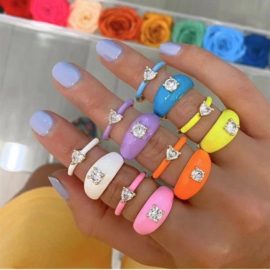 2021 INS Color Rainbow Fashion Rings For Women Finger Jewelry Clear CZ Colorful Neon Enamel Open Adjusted Dome Ring