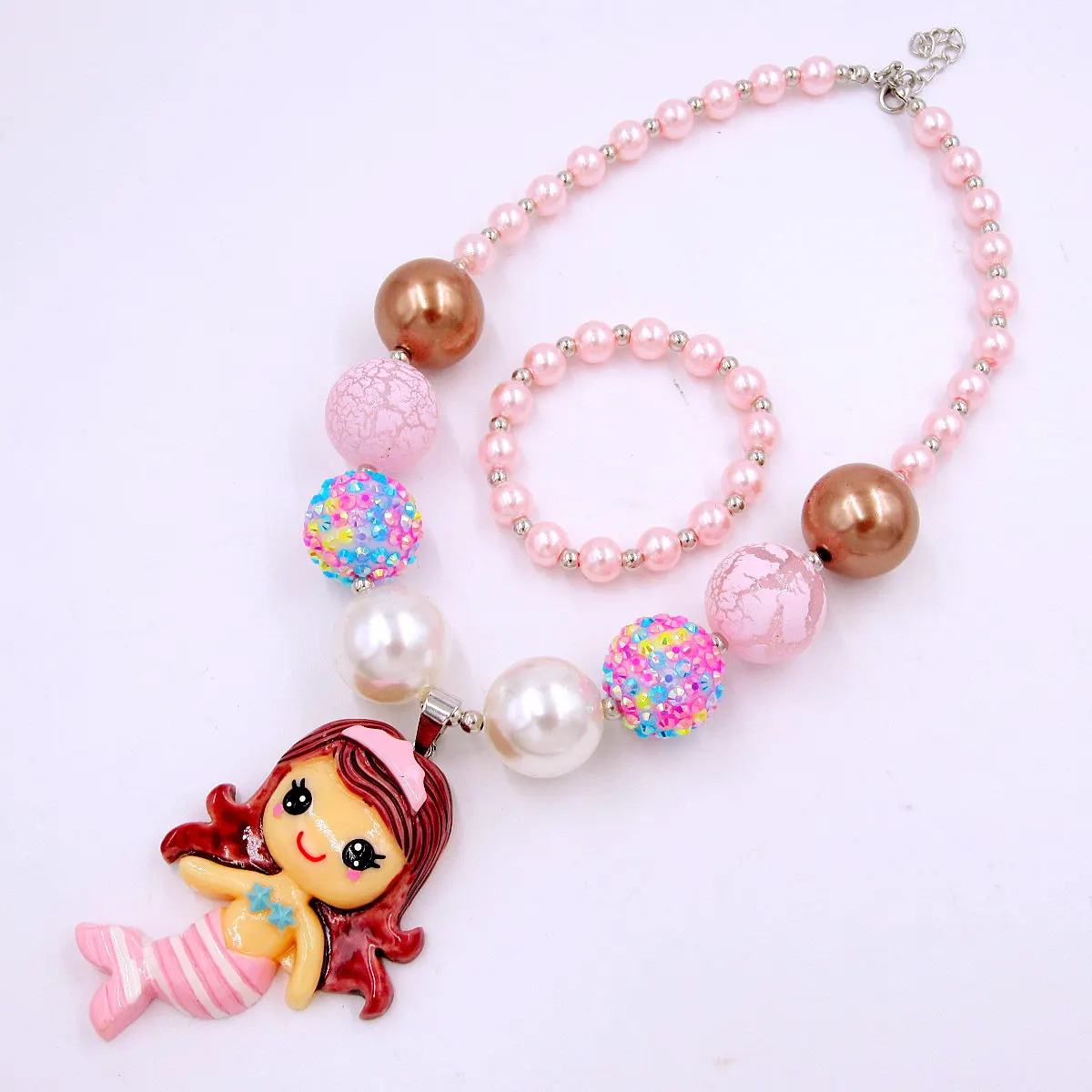 New Style Baby Child Collane Pink Little Mermaid Dress Up Charm Chunky Bubblegum Collana Bracciale Set Di Gioielli Regalo Per Ragazze