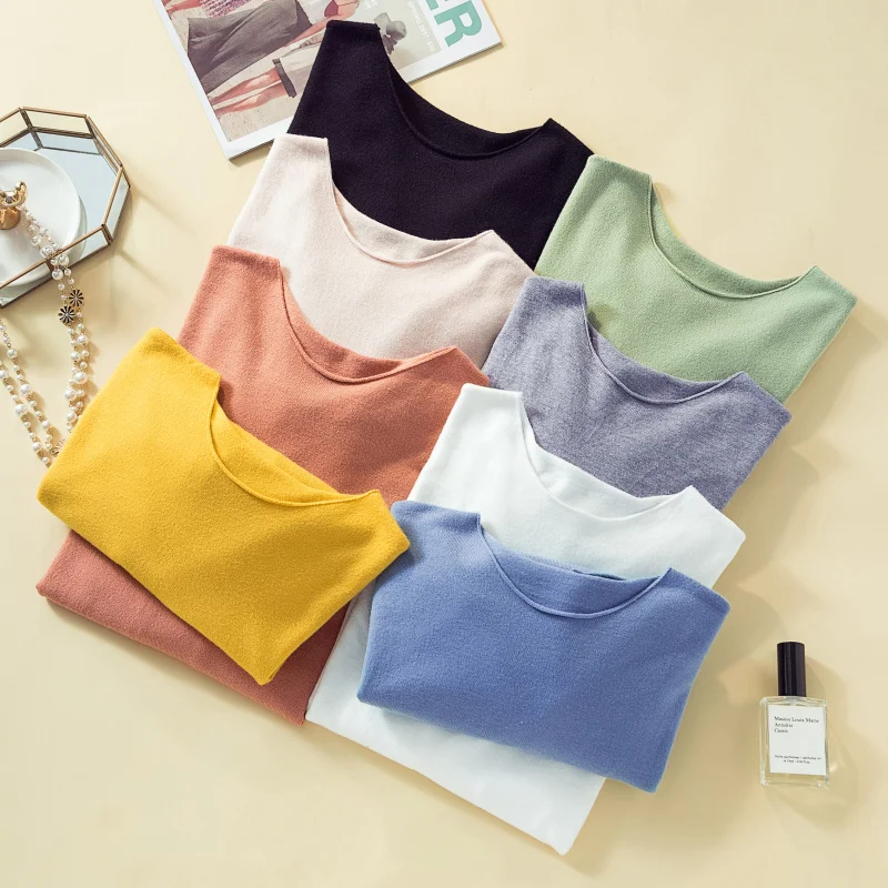 Kintted Women Sweater Solid Color Long Sleeve Loose Jumpers Korean Fashion Autumn Spring Base Pullover Black White Apricot Blue