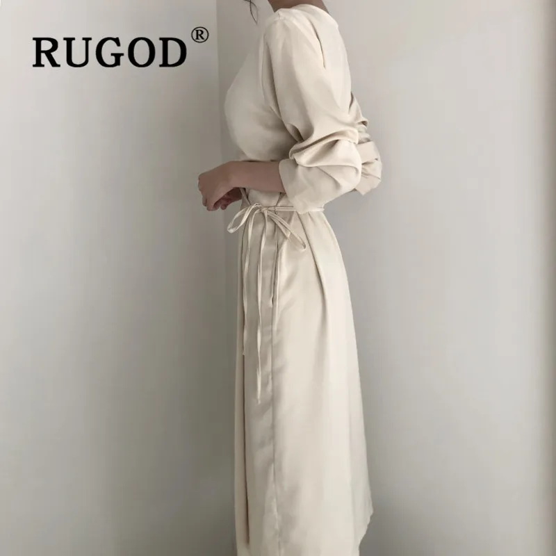 RUGOD, офисное женское тонкое длинное платье, элегантное, v-образный вырез, сплошное, миди, на шнуровке, платья для женщин, Auturm, необычное платье для вечеринки, vestidos femme