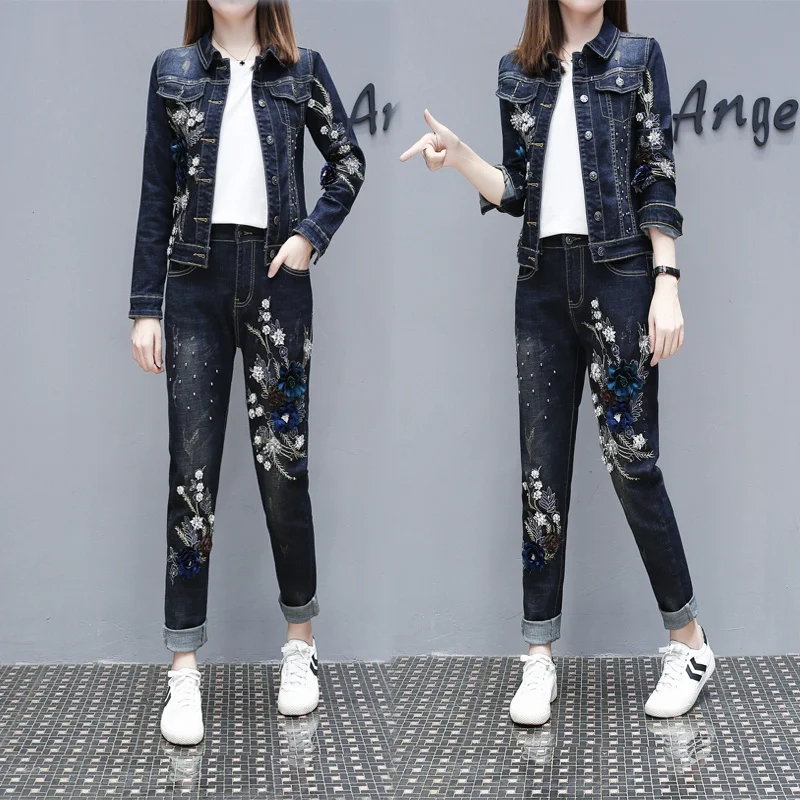 

European Tide 2020 Spring Autumn New Bead Embroidery Three-dimensional Flower Jacket Stretch Jeans Jfmhrx Two Piece Set Women