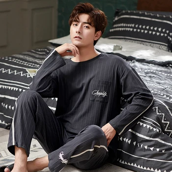 

Pajamas Sleeping Suits for Men Fashion Men Sleepwear Modal Classy Pijama Hombre Plain Grey Male Pyjamas Long Sleeves Pajamas Men