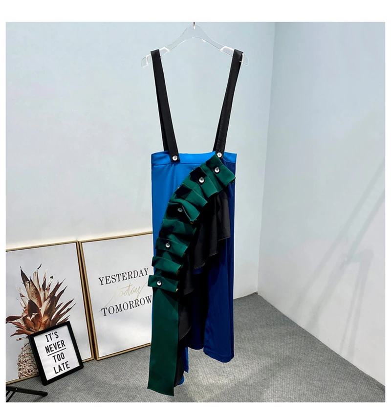 [EAM] High Waist Blue Asymmetrical Pleated Ruffles Temperament Half-body Skirt Women Fashion Tide New Spring Autumn 2020 1X801