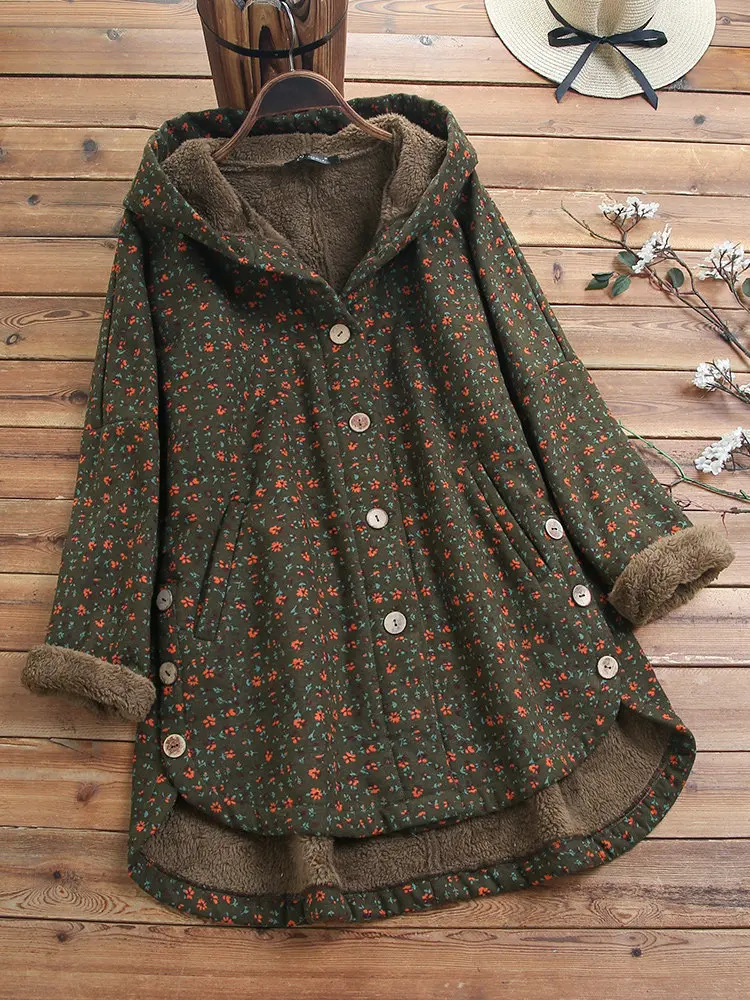 discount Female Fashion Hooded Jacket Winter Women's Printing Plus Velvet Warm Outer Wear Pockets Large Size