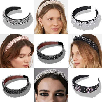

DUOJIAOYAN New Baroque Flower Rhinestone Headband for Women Retro Bead Hairband Ladies Party Luxury Pearl Hair Accessories