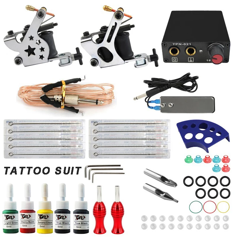 Tattoo Basic Kit Set 2 Machine Grip 10 Needles Tatoo Power Supply US Plug  5ML 5 Color Pigment Beginner Tattoo Art Tool - AliExpress