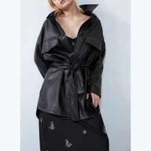 ZA осень зима Женская куртка коричневый черный искусственная кожа винтажная верхняя одежда с поясом шикарное Женское пальто женские топы Женская одежда