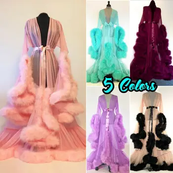 

Women Long Fur Robe Dressing Gown Bridal Wedding Bride Bridesmaid Sleepwear Nightwear Split Wrap Robe Dress with Bow Knot Tie