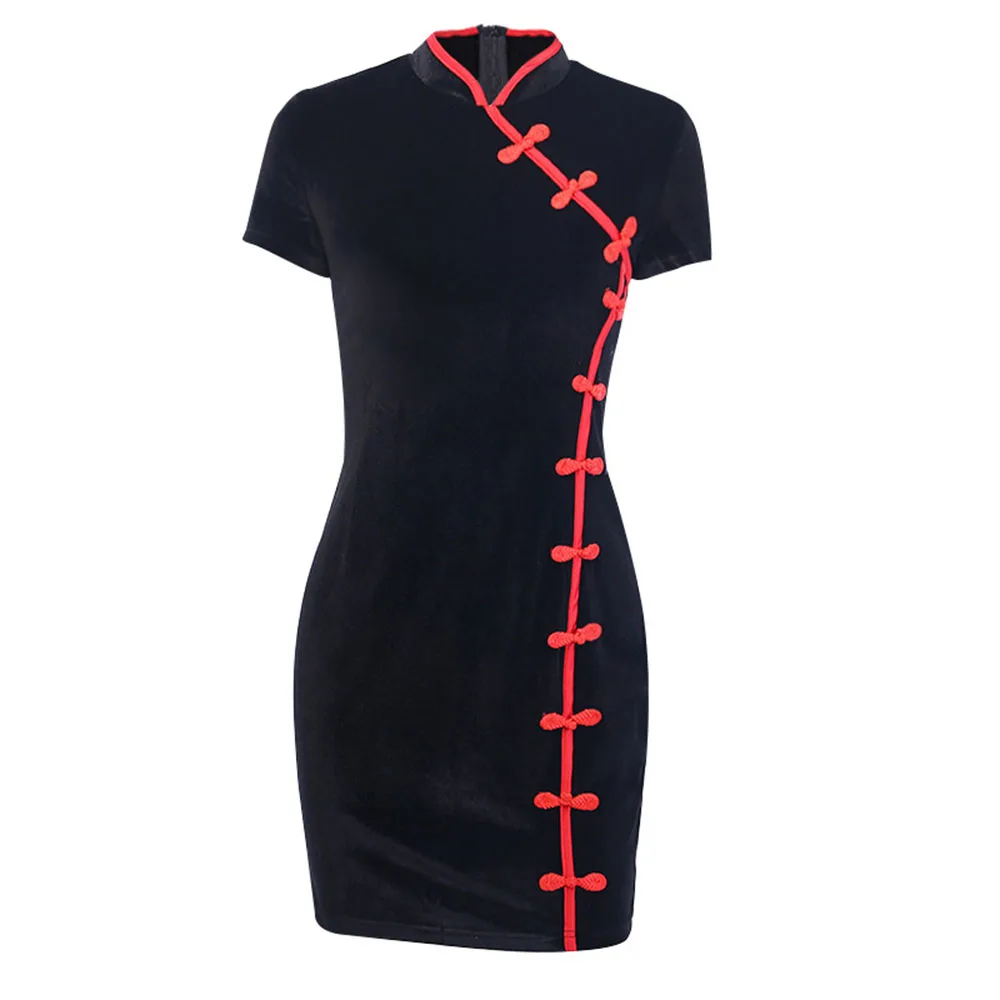 Облегающее черное платье Cheongsam с коротким рукавом сексуальное женское