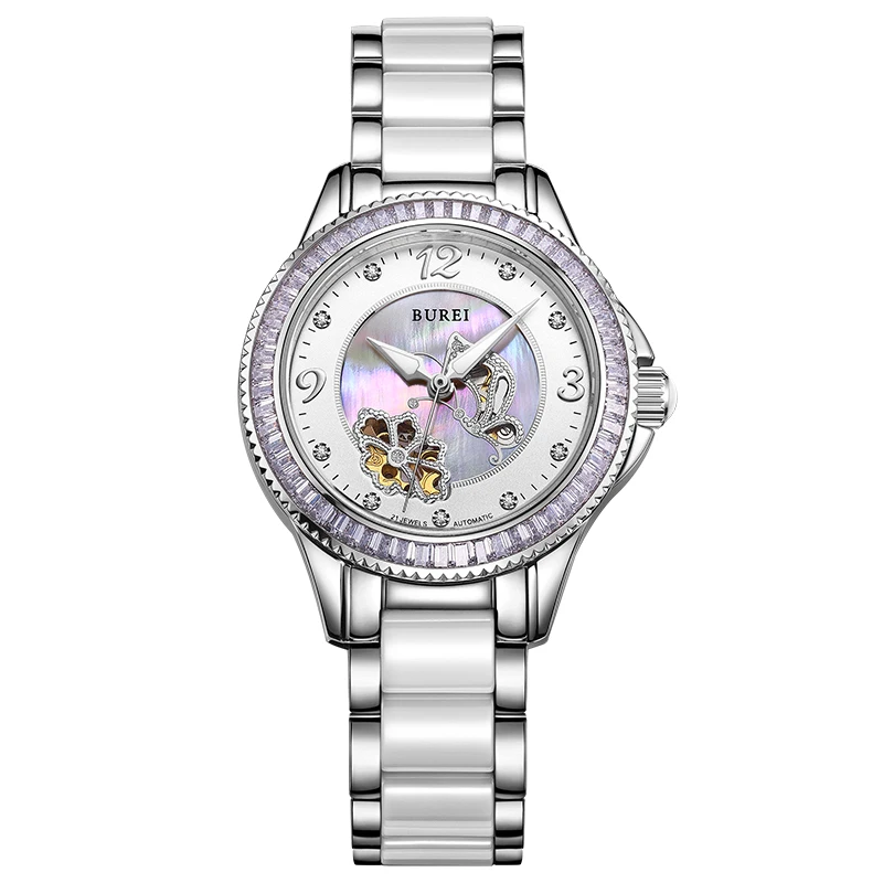 

BUREI 15022 Switzerland watch women luxury brand J12 series skeleton automatic self-wind diamond Ceramic white relogio feminino