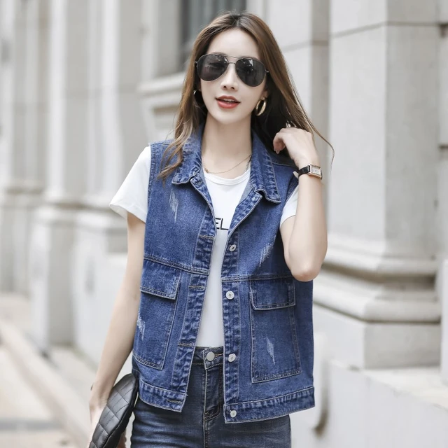 Gilet En Jean Sans Manches Pour Femmes, Grande Taille, Décontracté,  Streetwear, Bleu, Printemps Et Automne, 14835 - Blousons - AliExpress