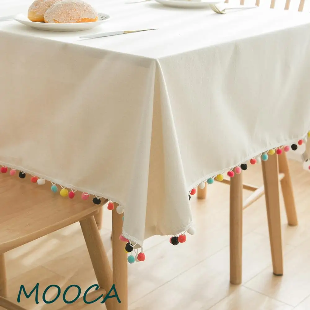 

Beige table cloth with pompom Cotton and Linen fabric table cloth