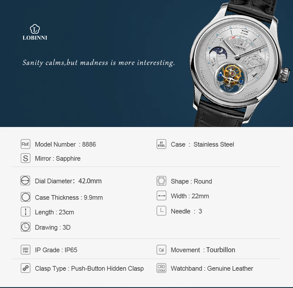 LOBINNI швейцарский бренд Tourbillon Механические Мужские наручные часы кожаный ремешок Скелет Мужские часы водонепроницаемые 50 м мужские часы