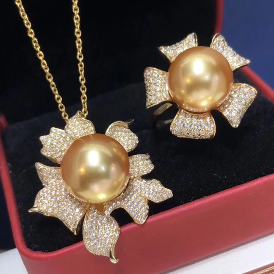 1028 Fine Jewelry 18K Gold Natural Ocean Golden Pearl 11 12mm Female's