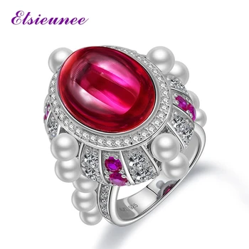 

ELSIEUNEE Vintage 100% Solid 925 Sterling Silver Oval Ruby Pearl Gemstone Wedding Engagement Diamond Ring Wholesale Fine Jewelry