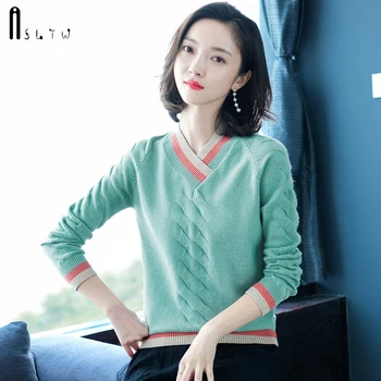 

ASLTW V Neck Sweater Woman Autumn Winter Long Sleeve Pullover Jumper Pull Femme High Quality Women Sweater