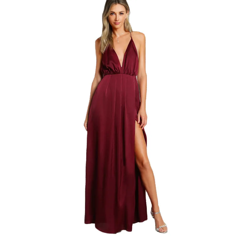 

Women's Sexy Satin Deep V Neck Backless Maxi Evening Dress YSAN763