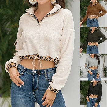 

Autumn Casual Furry Navel Leopard Pattern Color Matching Drawstring Sweater Plush Women's Clothing