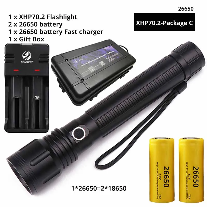 XHP70.2-Pack C-26650 Мощный XHP70.2 светодиодный фонарик военный светодиодный фонарь Водонепроницаемый уличное портативное освещение до 4300 люмен выход кемпинг свет - Испускаемый цвет: XHP70.2-Pack C-26650