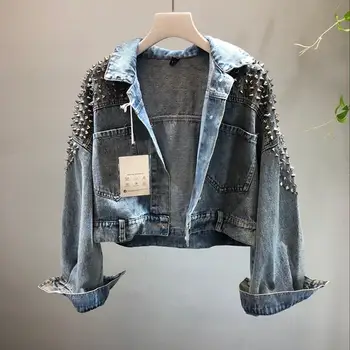 

Women Rivet Beading Denim Jacket Solid 2019 Autumn New Fashion Short Outwear Single Breasted High Street Pockets Coat