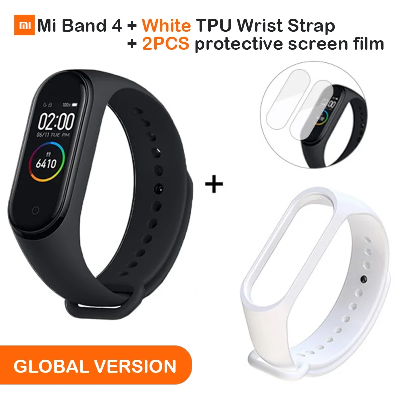 Add White Strap Глобальная версия, Xiaomi mi, 4 смарт-браслета, цветной дисплей, браслет, пульсометр, фитнес, Bluetooth, 5,0, для плавания, mi ng, водонепроницаемый - Цвет: Add White Strap