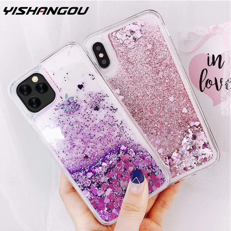 Блестящий чехол для телефона с сердечками для iphone 11 X XR XS MAX, жидкий зыбучий песок, чехол для iphone 5 5S se, 6 S, 6, 7, 8 Plus, Блестящие Блестки