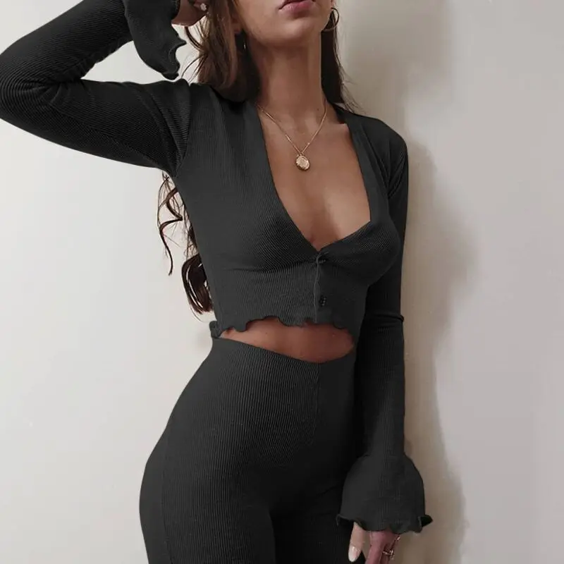 

2020 New Cotton Women Ribbed Knitted Deep V-Neck Sexy T-shirt Front Button Ruffles Long Flare Sleeve Autumn Elegant Cropped Top