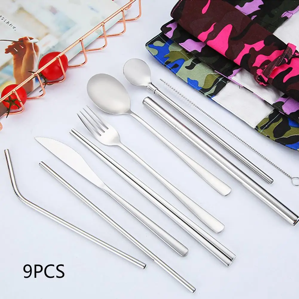 

Dinnerware Set Travel Camping Cutlery Set Reusable Silverware with Metal Straw Spoon Fork Chopsticks and Portable bag 1/9pcs 40P