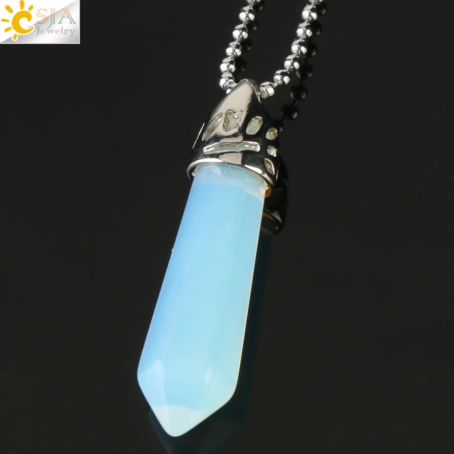Opal CSJA натуральный драгоценный камень шестигранная колонна кулон лечебный Кристал, кварц ожерелья из оникса Подвеска для женщин мужчин модные ювелирные изделия G301 - Окраска металла: Opal