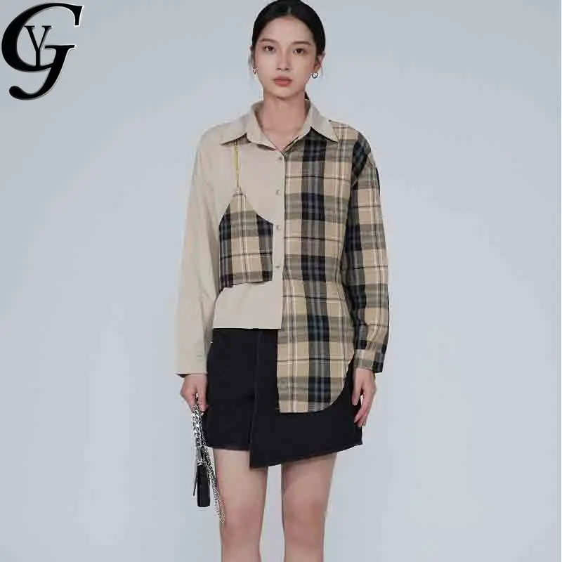 

2020 Korean Style Plaid Patchwork Women Shirts Blouse Fall Fashion Fake Two Piece Autumn Tops Causal Loose Oversized Blusa Mujer