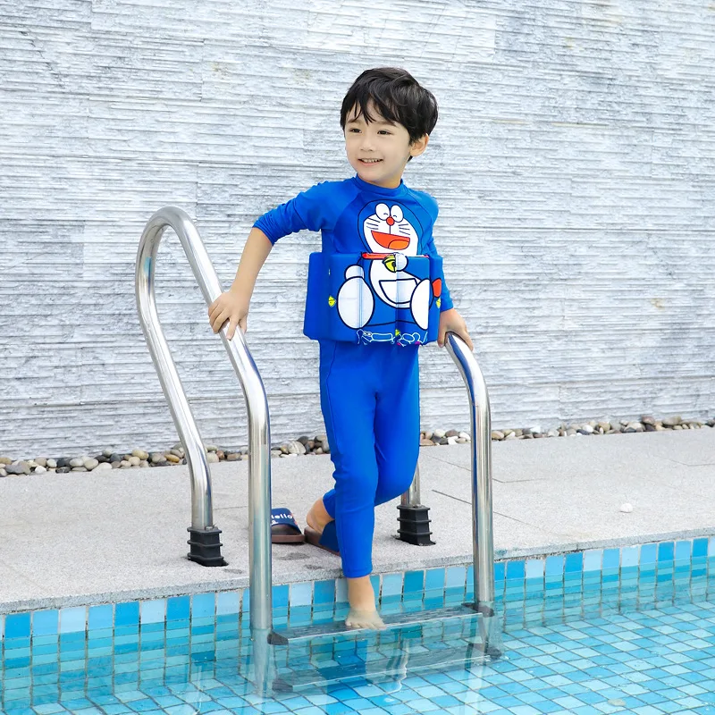 

19 New Style Hot Sales One-piece Buoyancy Bathing Suit Long Sleeve Trousers Send Swimming Cap Sun-resistant Doraemon BOY'S KID'S