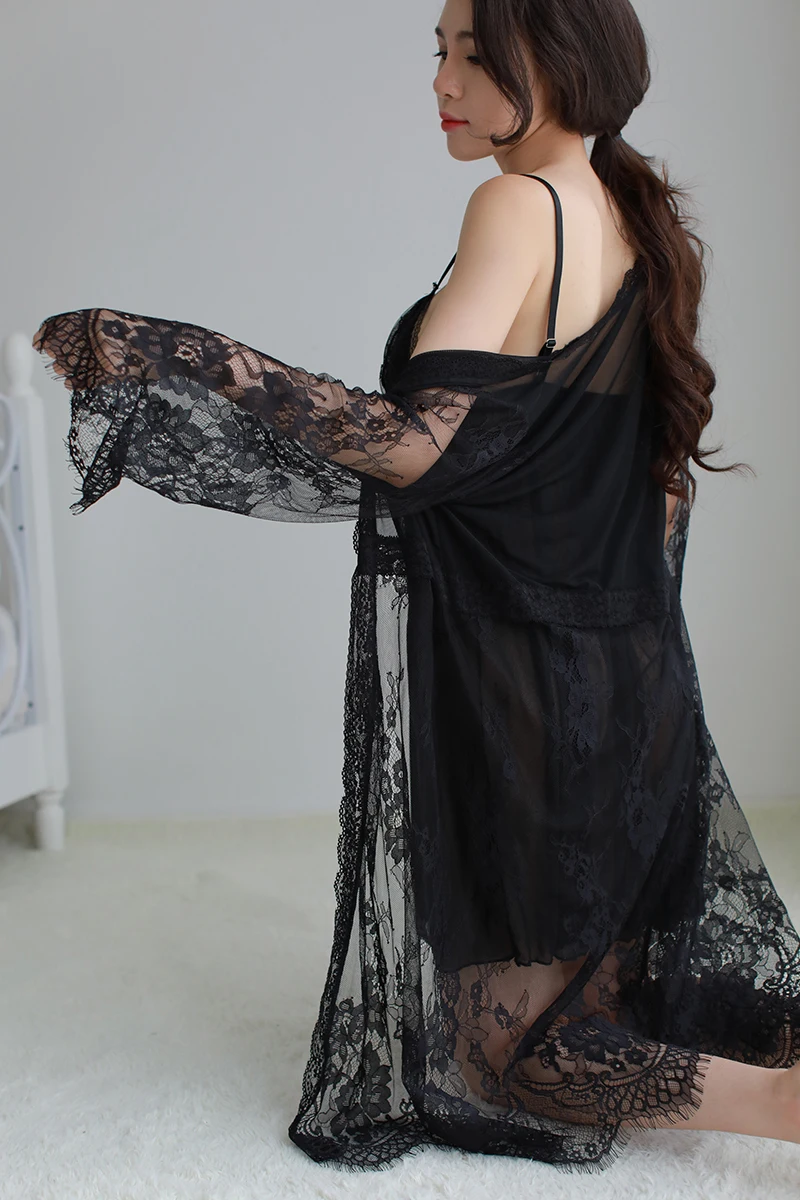 Трехкомпонентное перспективное кружевное Дамское белье сексуальные пижамы для женщин Guaze Чистая Пряжа слинг спальное платье длинный рукав халат с трусиками
