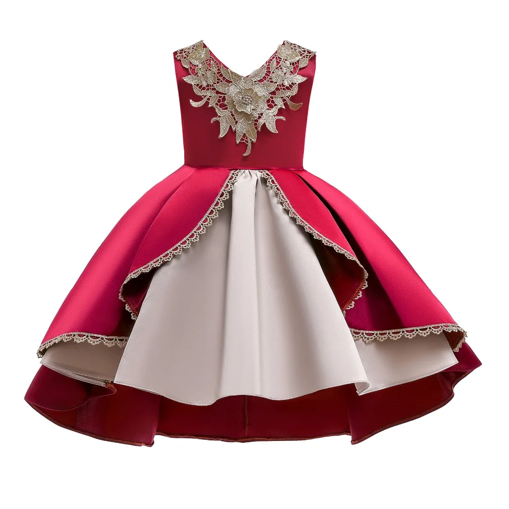 Новинка; Рождественская одежда для детей; платье принцессы с открытыми плечами и вышивкой для девочек; красное платье с роговыми рукавами для свадебной вечеринки