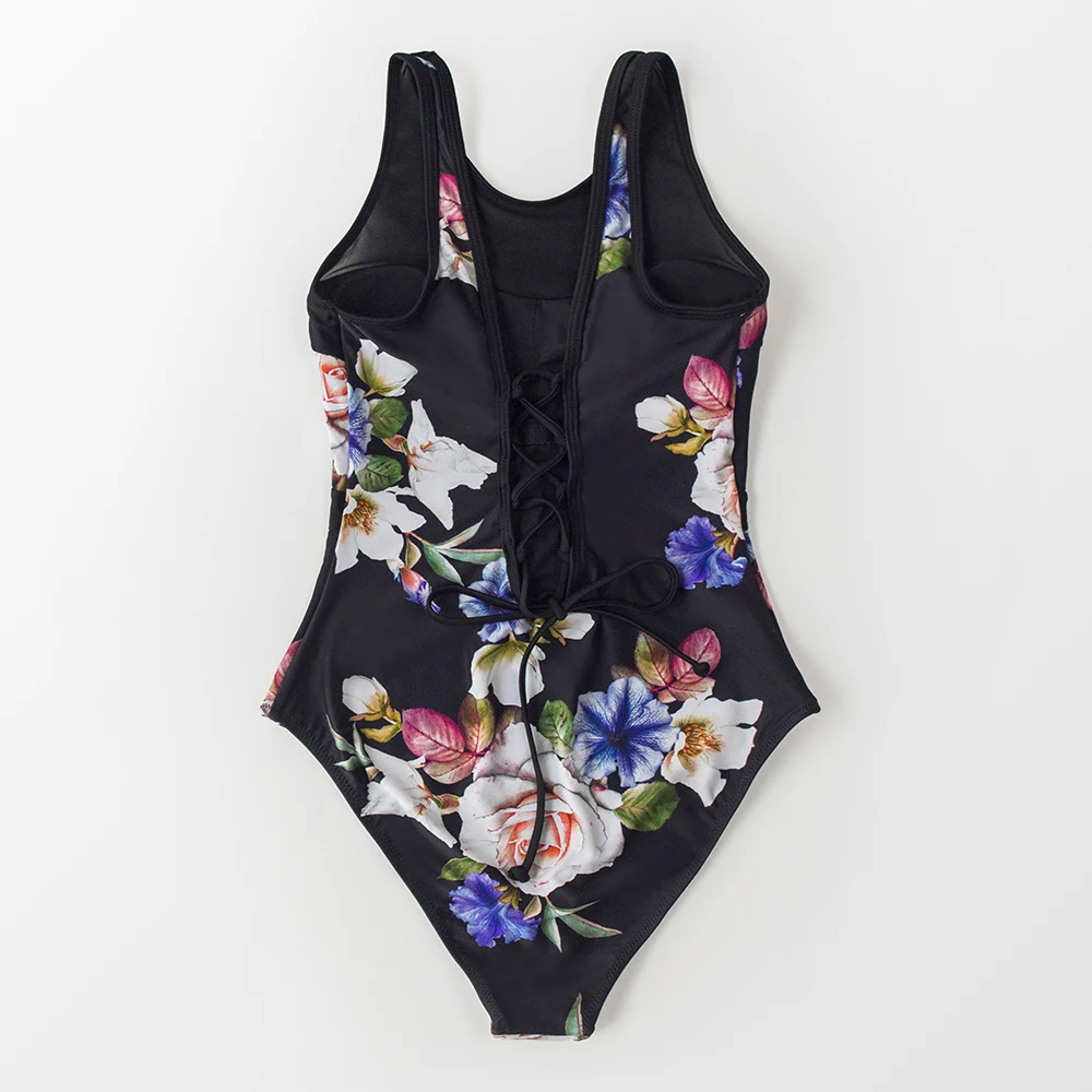 Women Floral Print And Mesh Patchwork One-piece O-neck Lace-up Swimsuit