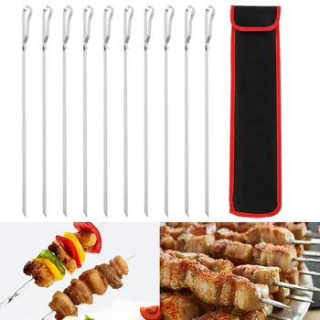 

10pcs Reusable flat stainless steel barbecue skewers bbq Needle stick For outdoor camping picnic tools cooking tools