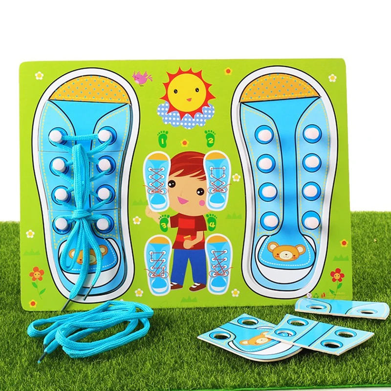 Children Montessori Educational Toy Kids Learn How To Tie Shoelaces Wooden Shoes Lacing Hand Coordination Development Toys | Игрушки и