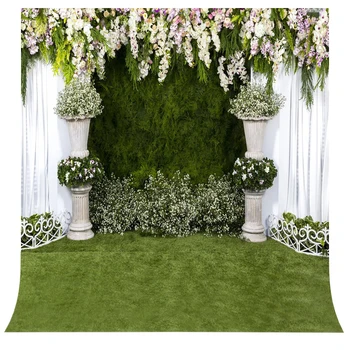 

Acejoker Wedding Backdrop White Curtain Flowers Green Grass Valentine's Day Photography Vinyl Background Studio Prop