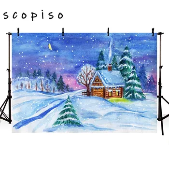 

Scopiso Painting Winter Backdrop Night Moon Wooden House Snowflake Baby Portrait Decor Photography Photo Background Studio Prop