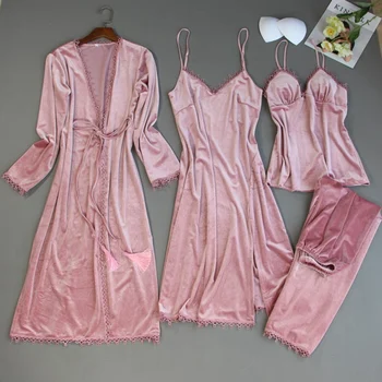 

Velvet Pajama Set Robes +Long Nightdress + Top + Long Pants 4 Piece Sexy Pyjamas Women Bathrobe Nightwear Kimono Bridesmaid Set
