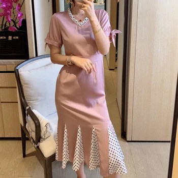 

Runway Sexy V-Neck Bow Retro Print Polka Dot Fish Tail Slim Temperament Elegant Dress Women'S Clothing High Quality Fashion