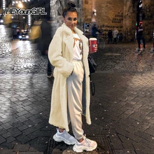 HEYounGIRL/осенне-зимнее длинное пальто из искусственного меха, Женская однотонная Повседневная плюшевая куртка Медвежонок Дамская парка, Женское пальто из искусственного меха