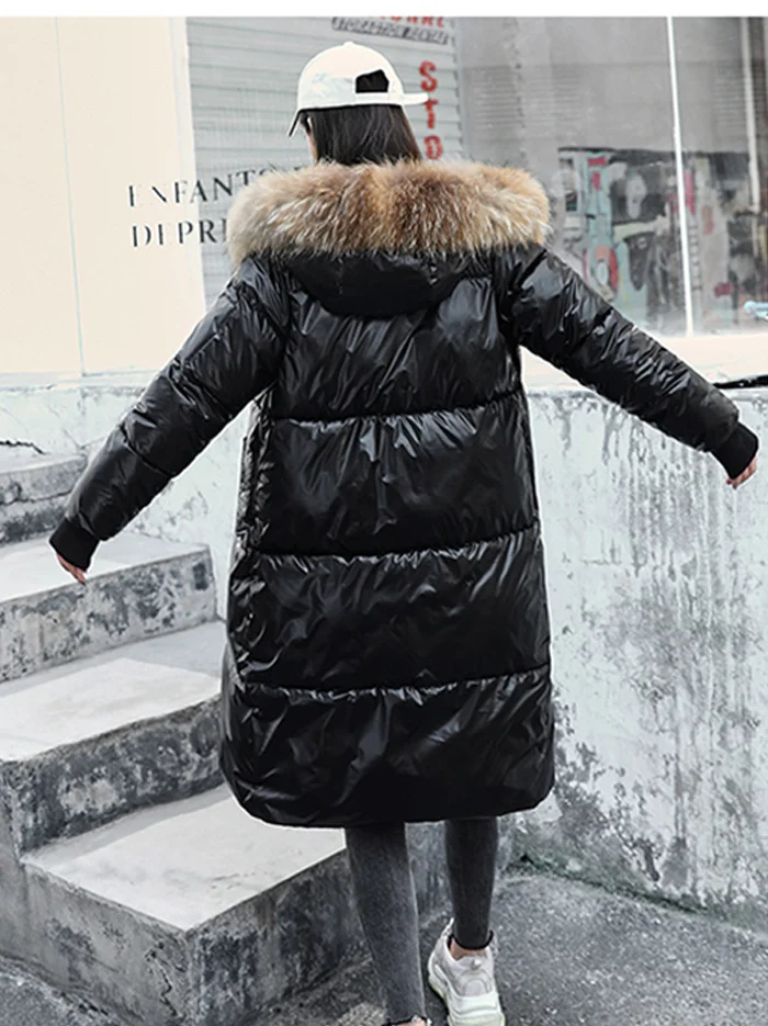 Новинка, зимний длинный Блестящий теплый пуховик с капюшоном и натуральным воротником, модная одежда, пальто высокого качества
