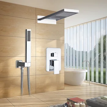 

Chrome Bathroom Shower Faucets Set Rainfall Waterfall Shower Head 3 Ways Multifuctional Bathroom Mixer Tap With Handshower