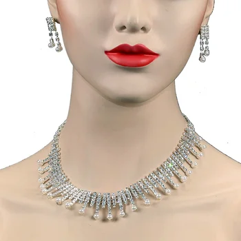 

Chran Silver Plated Imitation Pearl Bridal Wedding Jewelry Set for Women Fashion Sparkling Rhinestone Constume Jewelry