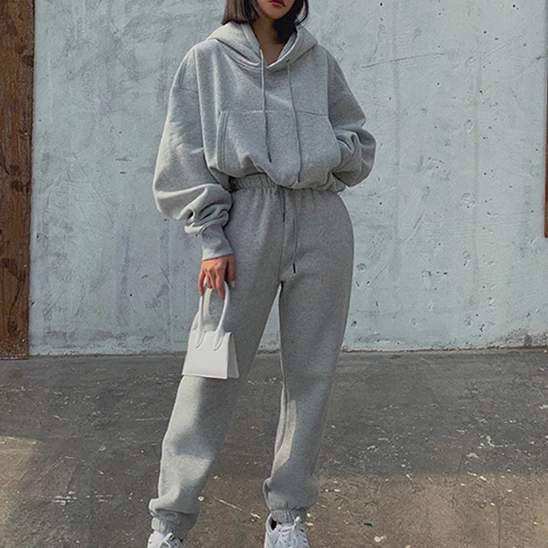 Chándal sólido, conjunto de dos piezas para mujeres, ropa de otoño e invierno con capucha de gran tamaño, sudadera, pantalones de chándal, traje deportivo para trotar