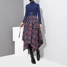 

New Spring High Waist Red Plaid Split Loose Big Hem Half-body Skirt Women Fashion Tide All-match woman skirts