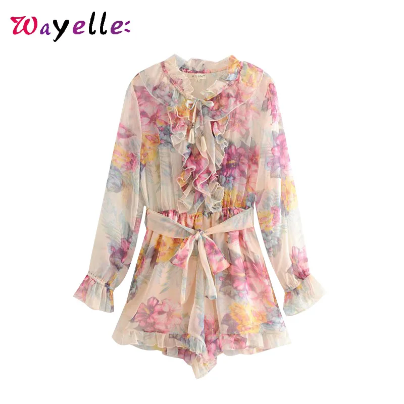 

Chic Ruffles Floral Beach Jumpsuits Women Print Bow Tie Elastic Waist Playsuits Women 2019 Sashes Chic Casual Body Femme
