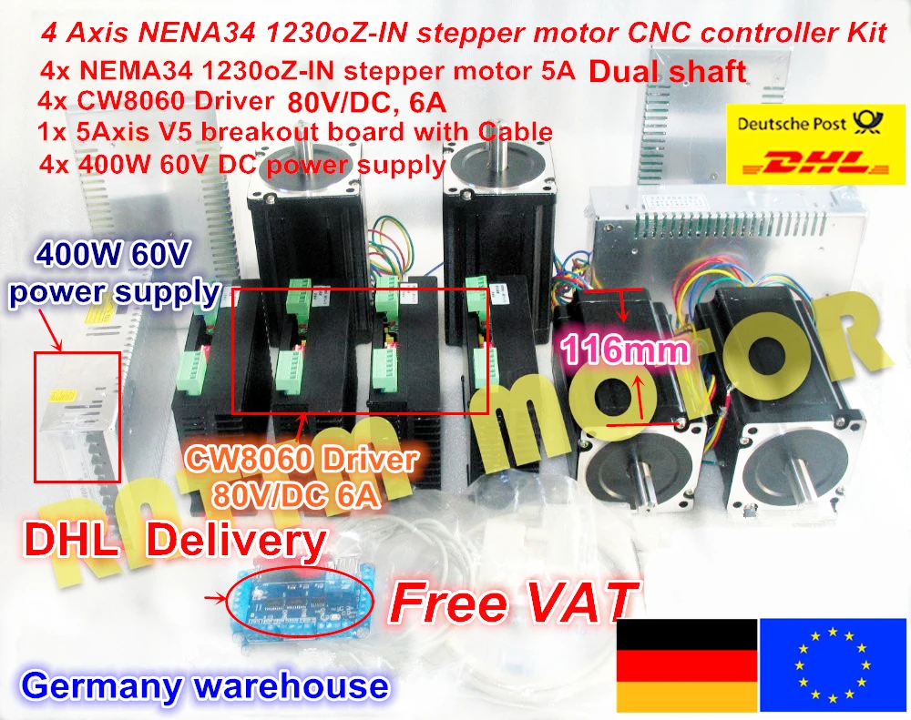 【Ес Бесплатная ват】 4 оси Nema34 шаговый двигатель 1230Oz in/5A двойной вал и 6A/80VDC 256
