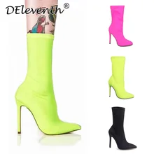 Botas elásticas de punta estrecha para mujer, zapatos de tela de Color caramelo, calcetines de tacón alto, tacones finos, talla 35-43