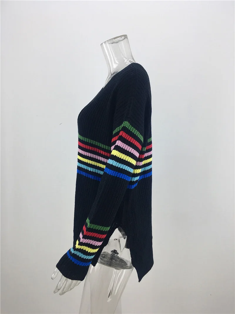 Fitshinling Зимние Модные женские свитера радужные полосатые приталенные пуловеры в Корейском стиле вязаный джемпер с v-образным вырезом Pull Femme